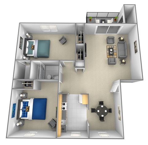 Floor plan for 2 beds, 1.5 baths, 1021 sqft